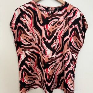 Halogen Abstract Print Short Sleeve Blouse Size L Pink and Brown